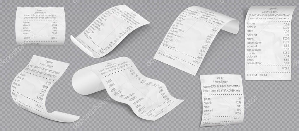 Receipt template invoice bill. Supermarket shop paper receipt. Bills for cash or credit card transaction.