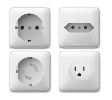 Elektrik prizleri, elektrik prizleri ve elektrik illüstrasyonu için güç soketi, anahtar ve uzatma vektör prizi. Farklı güç türleri izole edilmiş prizler ve anahtarlar.