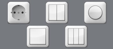 Elektrik şalteri ve elektrik prizleri ve elektrik illüstrasyonu için uzatma vektör prizi. Farklı güç türleri izole edilmiş prizler ve anahtarlar.