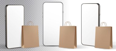 Poşet telefon 3d vektör çizimi. Online alışveriş şablonu akıllı telefon uygulaması için cep telefonlu bir hediye çantası. E satın alma, internet mağazası.