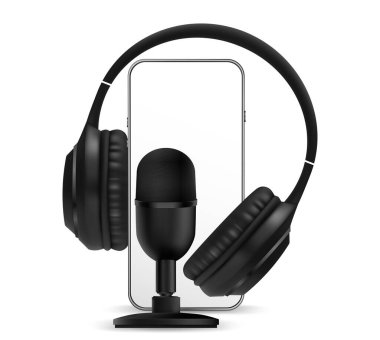 Podcast ses ekipmanı. Ses mikrofonu, ses kulaklığı, cep telefonu ekranında podcast uygulaması. Koyu arkaplandaki ses kaydı. Canlı radyo oynatıcı model pankartı. 