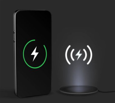 Kablosuz şarj aleti. Cep telefonunun şarj pili kablosuz akıllı şarjdan. Modern teknoloji kavramı. 
