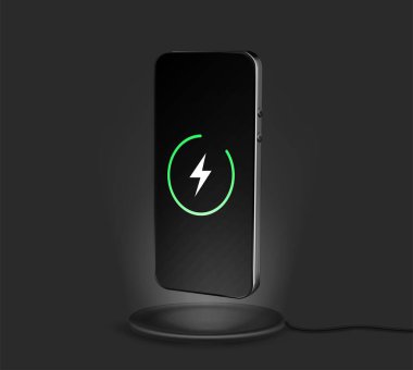 Akıllı telefon şarj oluyor. Cep telefonunun şarjı kablosuz şarj aletinden geliyor. Elektronik aygıtlar konsepti. 