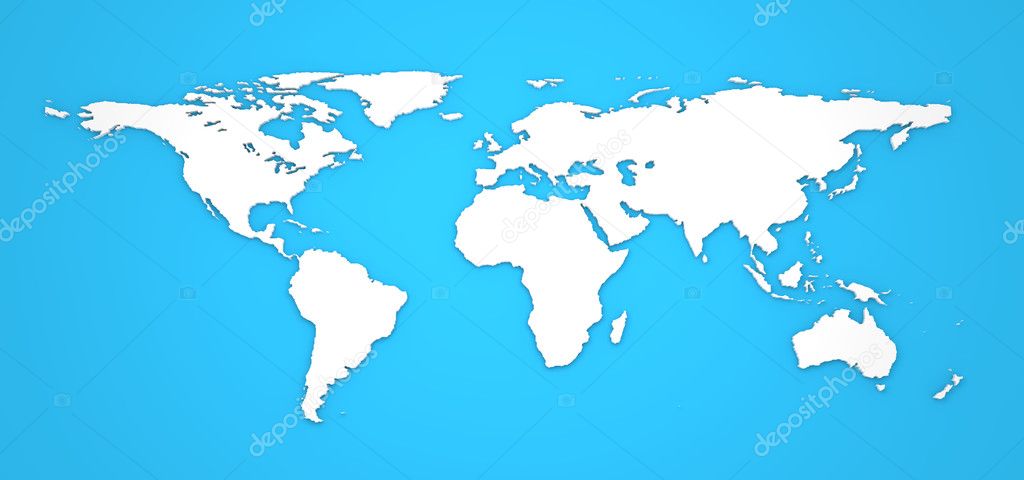 3D World Map on Blue Background.