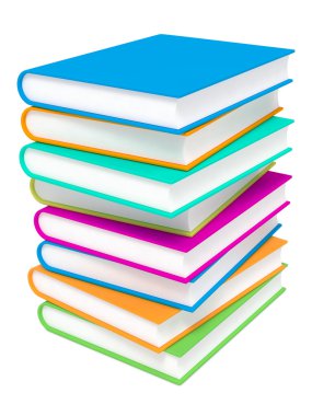 Beyaz arkaplan üzerine renkli kitap yığını.