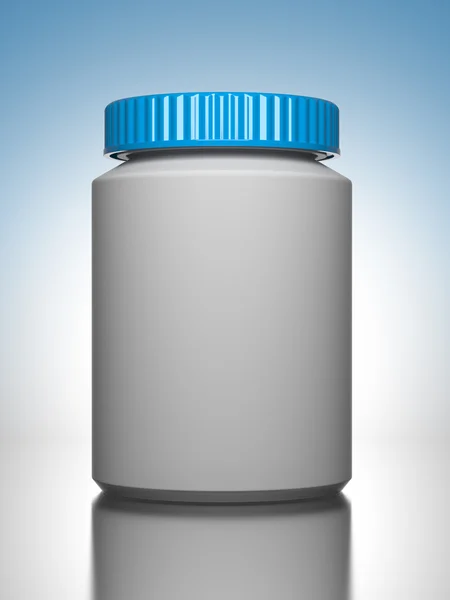 Frasco da pílula no fundo azul . — Fotografia de Stock