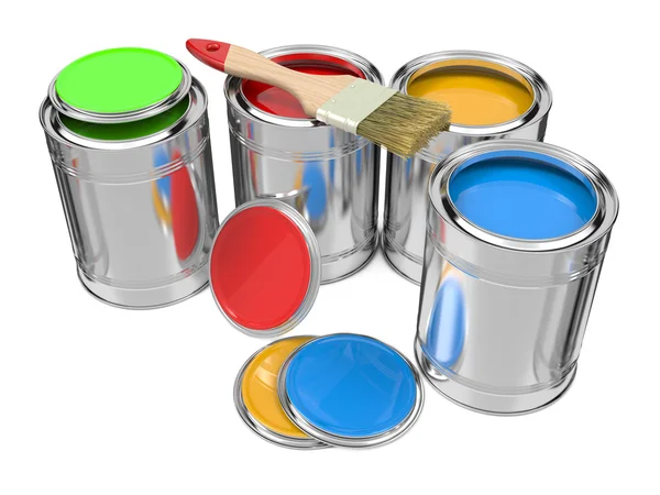 Groep van kleurrijke verf blikjes met penseel. — Stockfoto