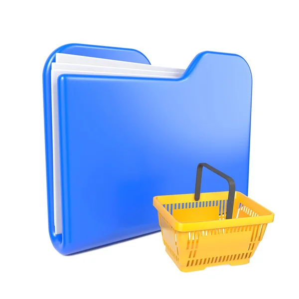 Blue Folder with Shopping Basket. on White. — Stock Photo, Image