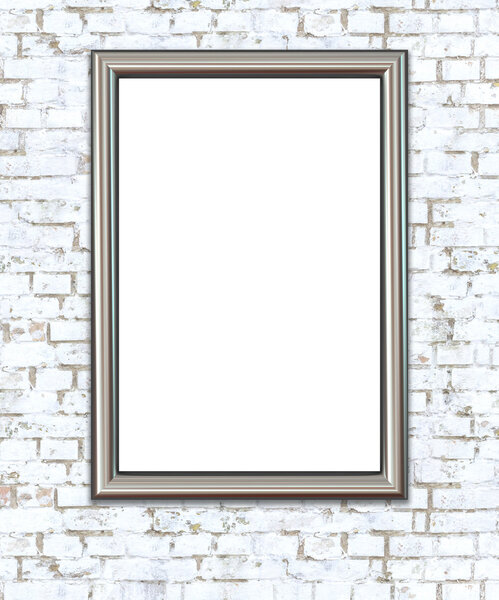 Gallery Interior. Empty Frame on White Brick Wall.