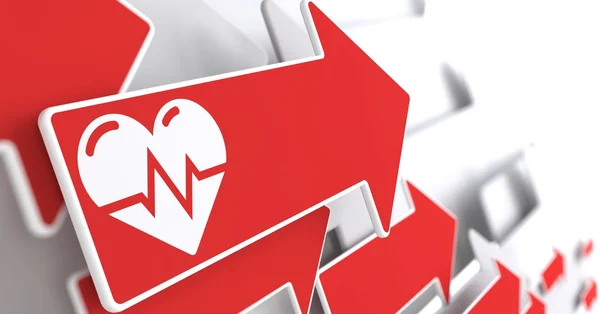 Herzsymbol mit Kardiogrammlinie auf rotem Pfeil. — Stockfoto