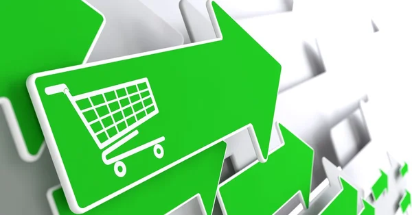 Shopping cart ikonen på den gröna pilen. — Stockfoto
