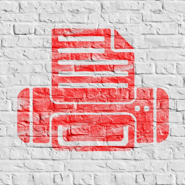 Ícone de impressora vermelha na parede de tijolo branco . — Fotografia de Stock