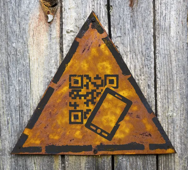 QR Code Icon on Weathered Warning Sign. — Stock Photo, Image