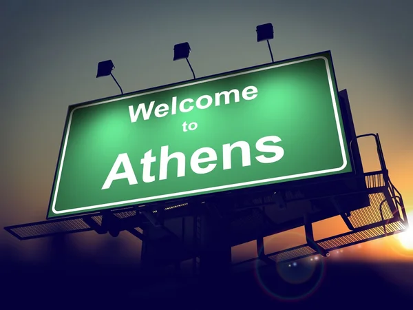 Üdvözöljük Athén napkeltekor Billboard. — Stock Fotó