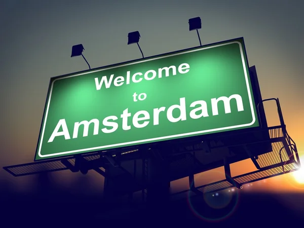 Billboard Welcome to Amsterdam at Sunrise. — Stock Photo, Image