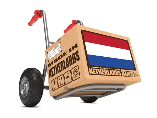 Made in Netherlands - Cardboard Box on Hand Truck. — Stock Photo, Image