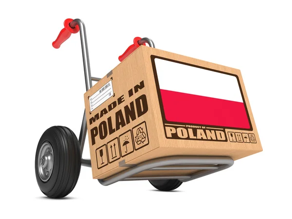 Made in Poland - Cardboard Box on Hand Truck. — Stock Photo, Image