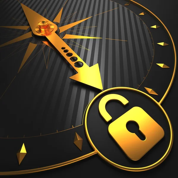 Golden Icon of Opened Padlock on Black Compass. — Stock Photo, Image