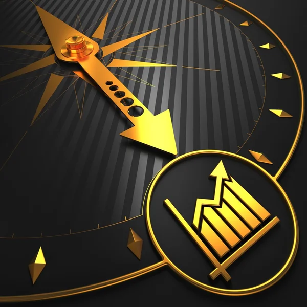 Golden Growth Chart Icon on Black Compass. — Stock Photo, Image