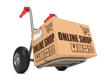 Online alışveriş - karton kutu üzerinde el arabası.