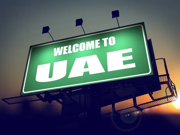 Billboard Welcome to UAE at Sunrise. — Stock Photo, Image