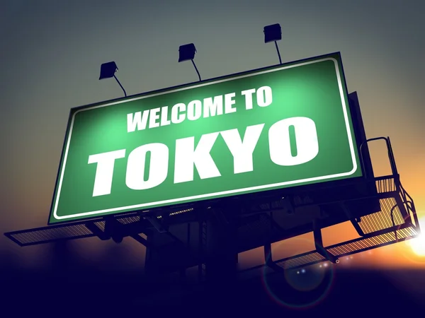 Billboard Welkom bij tokyo bij zonsopgang. — Stockfoto