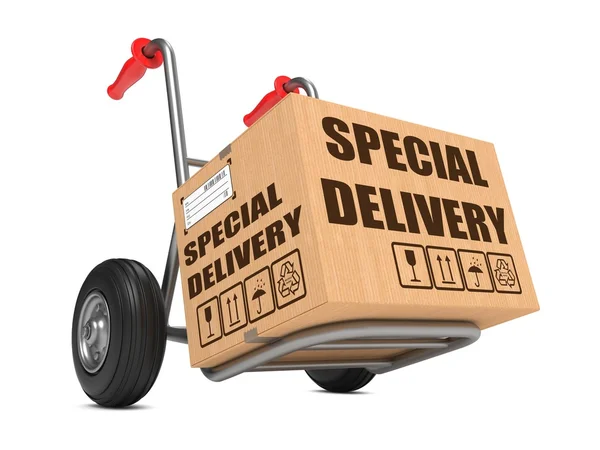 Special Delivery - Cardboard Box on Hand Truck. — Stock Photo, Image
