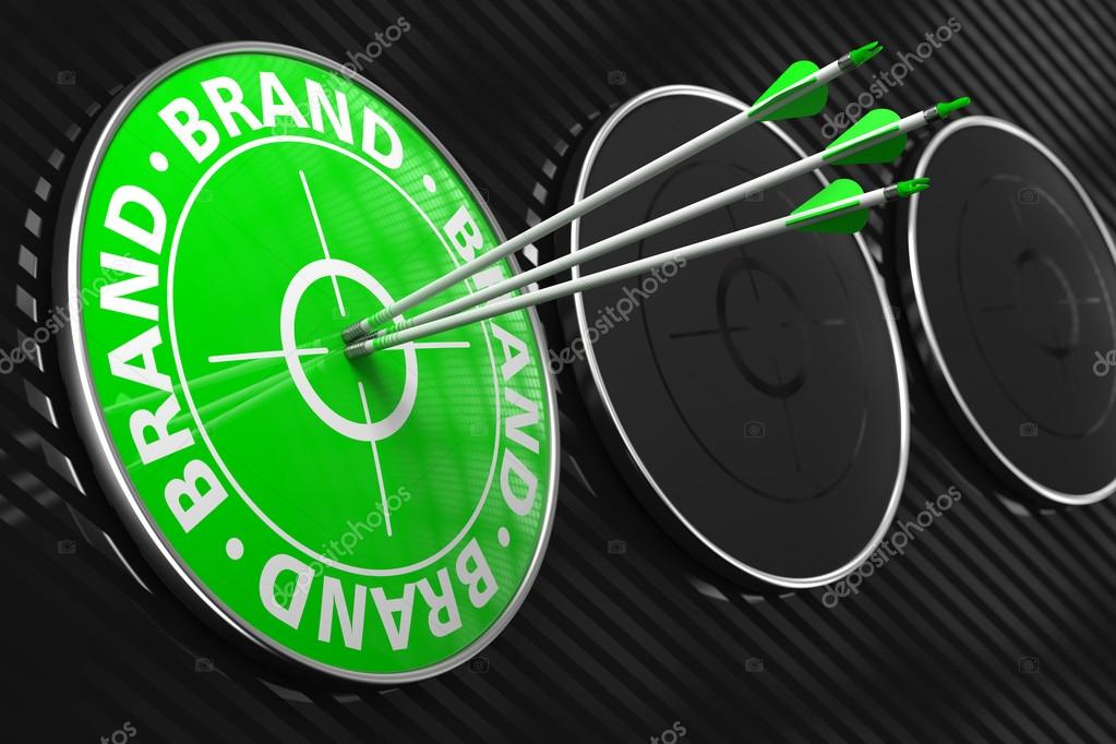 Brand Concept. Three Arrows Hitting the Center of Green Target on Black Background.