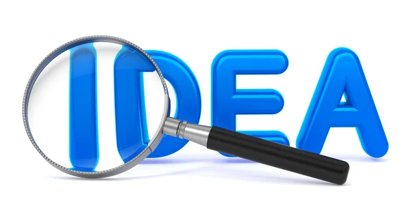 Idea - Blue 3D Word Through a Magnifying Glass. — Stock Photo, Image