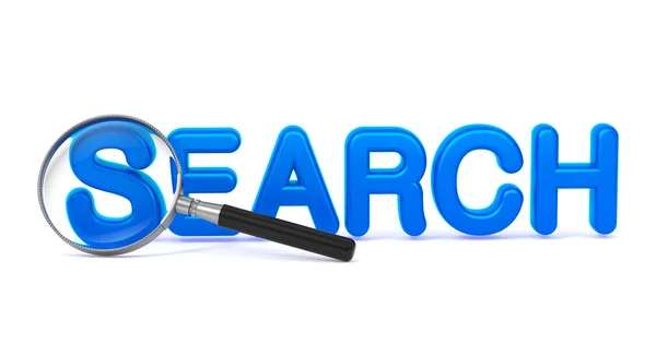 Search - Blue 3D Word Through a Magnifying Glass. — Stock Photo, Image