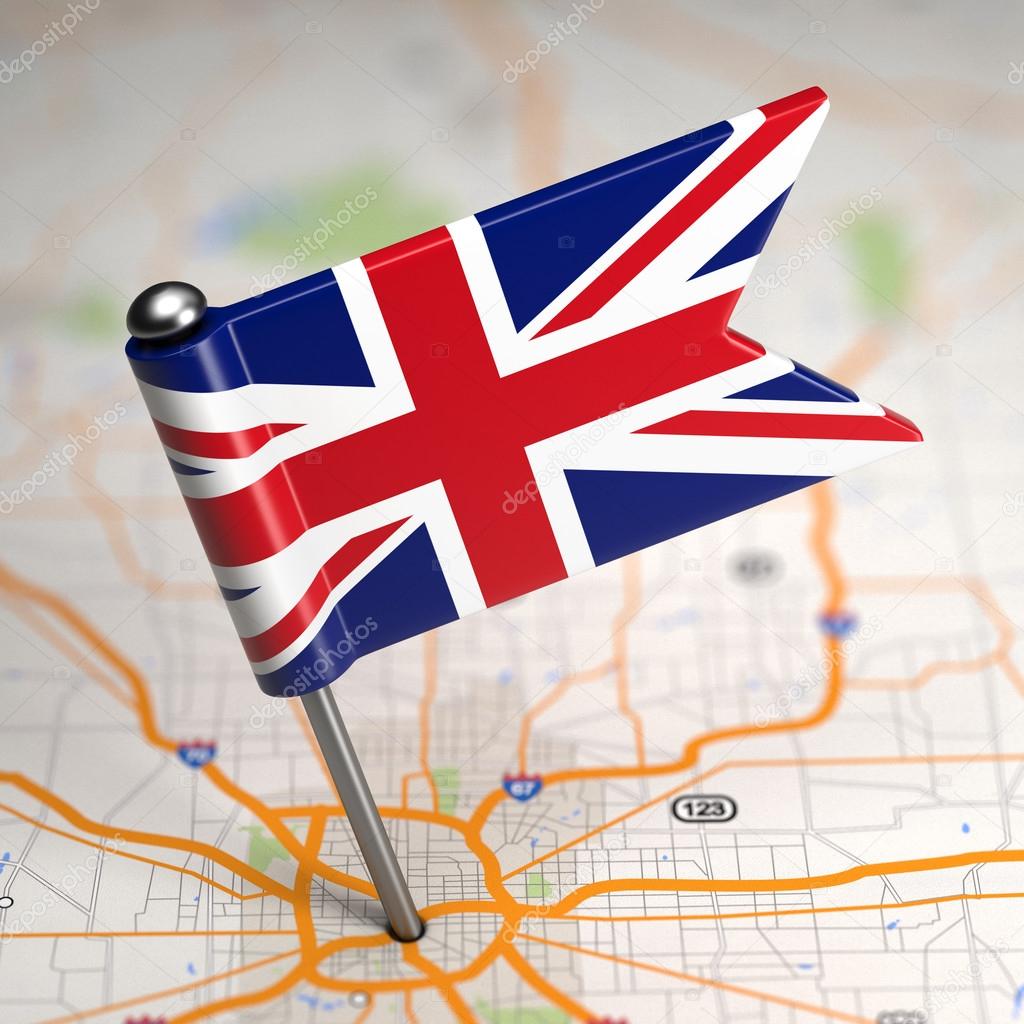 Great Britain Small Flag on a Map Background.