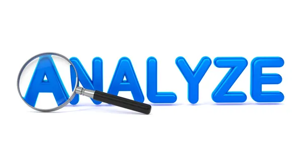 Analyze - Blue 3D Word Through a Magnifying Glass. — Stock Photo, Image