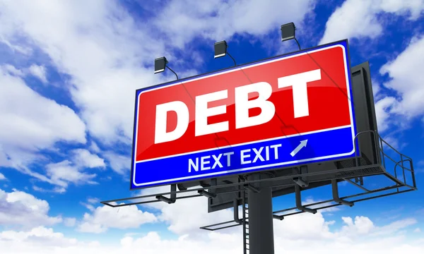 Adósság felirat piros hirdetőtáblán. — Stock Fotó