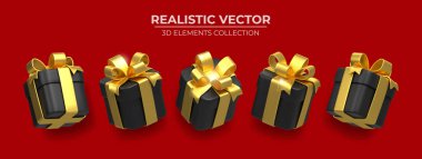 Kırmızı arka planda izole edilmiş altın kurdeleli Gerçekçi 3D siyah hediye kutusu.