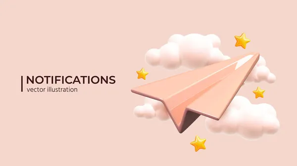 Paper plane in pink sky. Realistic 3d design. — Stock Vector