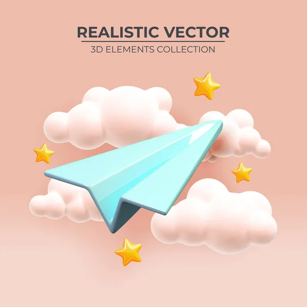 Avión de papel en el cielo rosa. Diseño realista 3d. — Vector de stock