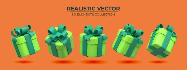 Conjunto de caja de regalo verde realista 3d con cintas aisladas sobre un fondo naranja — Vector de stock