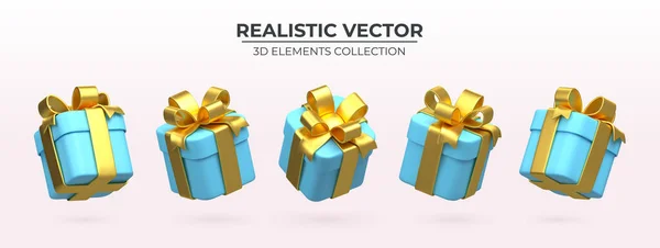Sada realistické 3D bue dárkové krabice se zlatými stuhami izolované na světlém pozadí — Stockový vektor