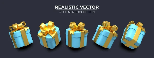 Sada realistické 3D modré dárkové krabice se zlatými stuhami izolované na tmavém pozadí — Stockový vektor