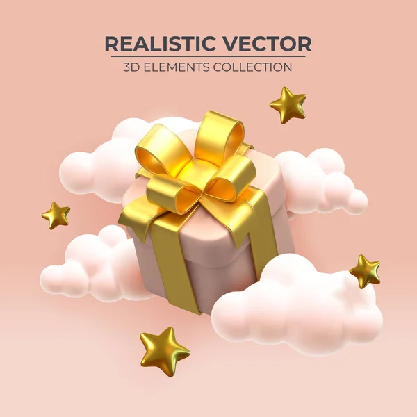 Diseño realista de vacaciones de moda caja de regalo de color alrededor de las nubes y estrellas. — Vector de stock