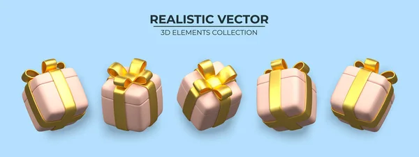 Set of Realistic 3d gift box with golden ribbons isolated on a blue background —  Vetores de Stock