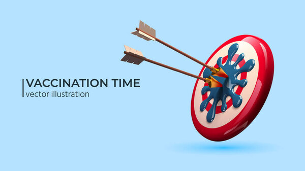 Vaccination concept - Realistic 3d target with COVID-19 virus Icon and arrow — Stock Vector