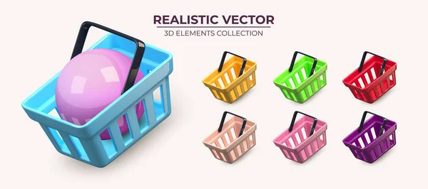 Collection of glossy flying realistic shopping carts in different colors —  Vetores de Stock