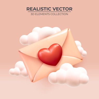 Kırmızı kalpli ve bulutlu çıplak renkli kağıt zarf..