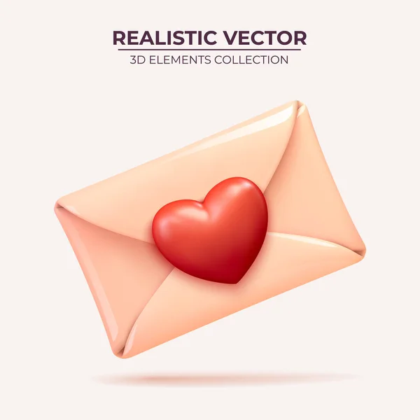 3D ikona obálky s červeným srdcem. — Stockový vektor