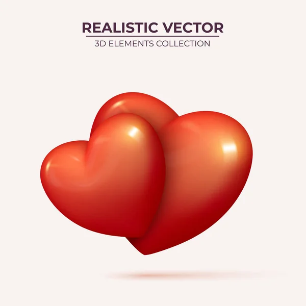 Dois corações vermelhos 3d realistas. ícone de design do coração - símbolo de amor. —  Vetores de Stock