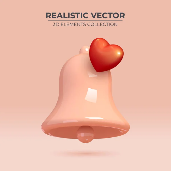 Růžový zvonek Ikona s červeným srdcem. Realistický 3D objekt. — Stockový vektor