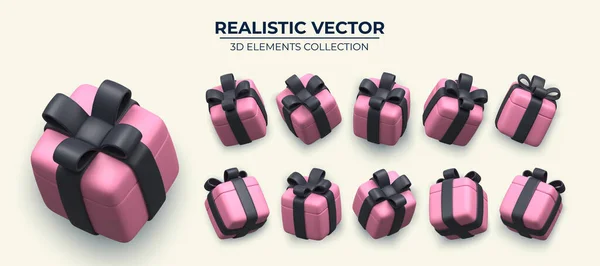 Set van Realistische roze geschenkverpakking met zwarte strik. Verzameling van realistische geschenken . — Stockvector