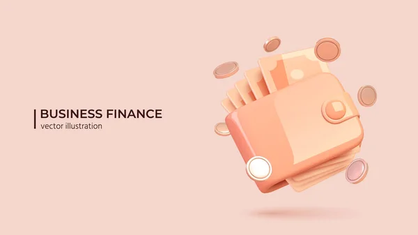 Rendu 3D de portefeuille rose avec du papier-monnaie et des pièces autour. — Image vectorielle