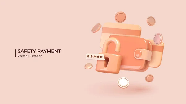 Realistisches 3D-Design der Smart Wallet mit Zahlungsapplikation mit Vorhängeschloss und Münzen drumherum. — Stockvektor